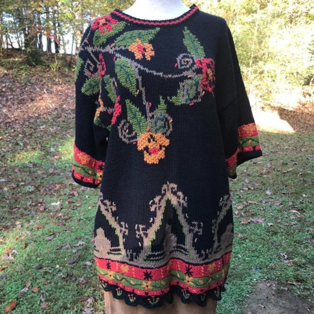 Hand Knit Floral Embroidered Grandma Cottagecore Sweater Medium